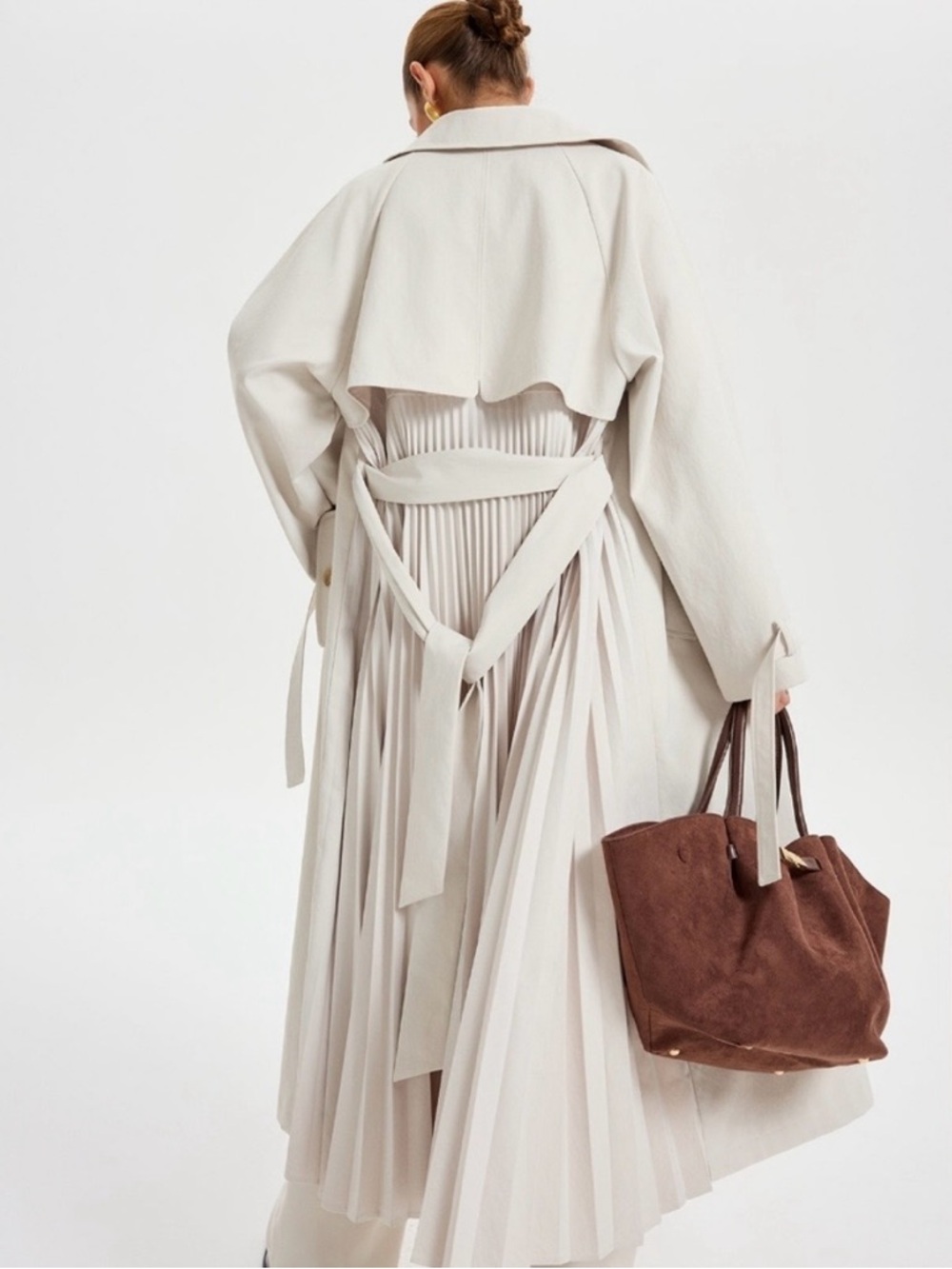 Commense Cream Pleated-Back Trench Coat with Self-Tie Belt - Picture 5 of 5